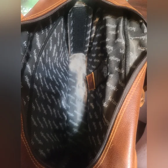 Vintage Wrangler Two-tone Leather Laptop Bag Briefcase Tooled Silver Buckles - Picture 6 of 8